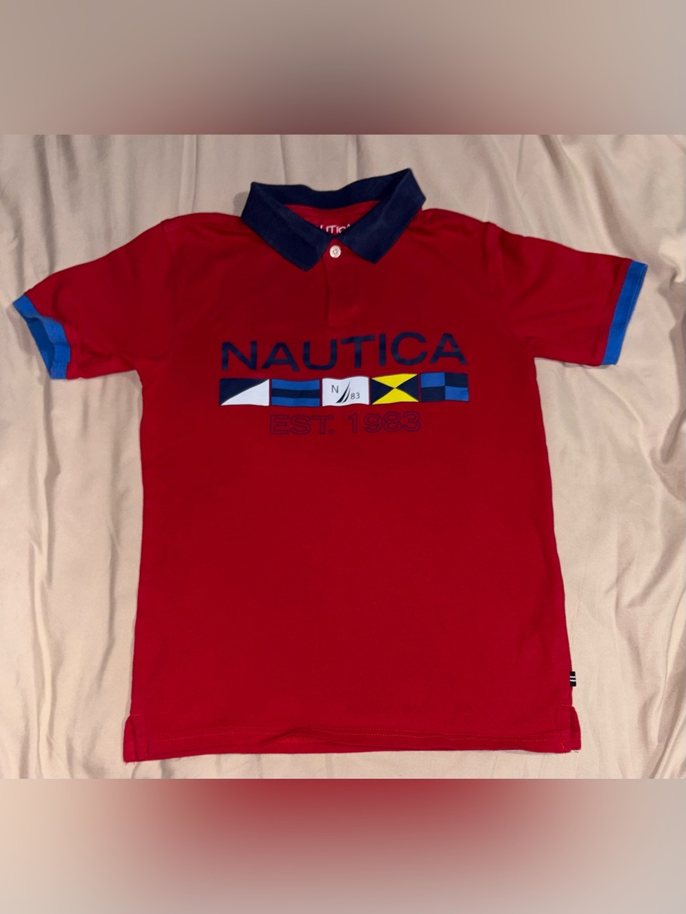 Nautica Boys Red Graphic Polo Shirt Size Large (14/16) Est. 1983 Cotton